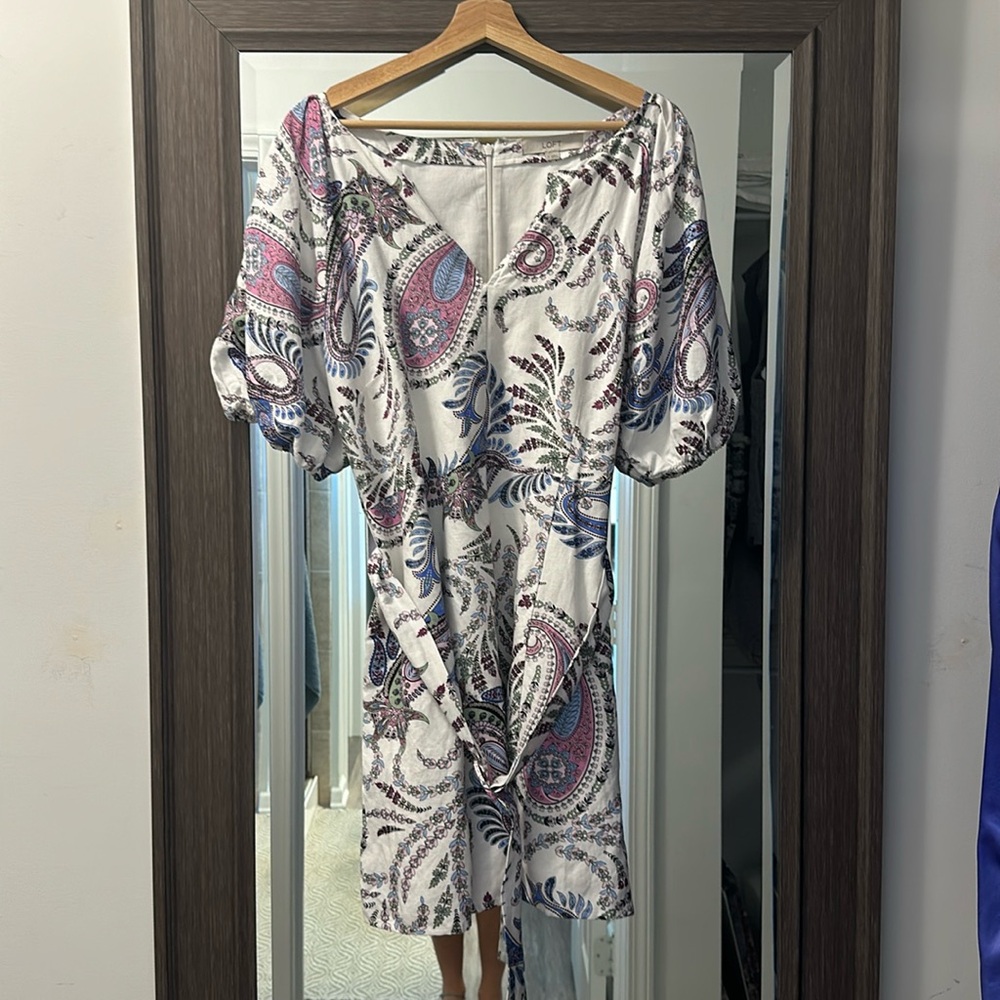 Loft Paisley Linen Blend Belted Puff Sleeve Dress